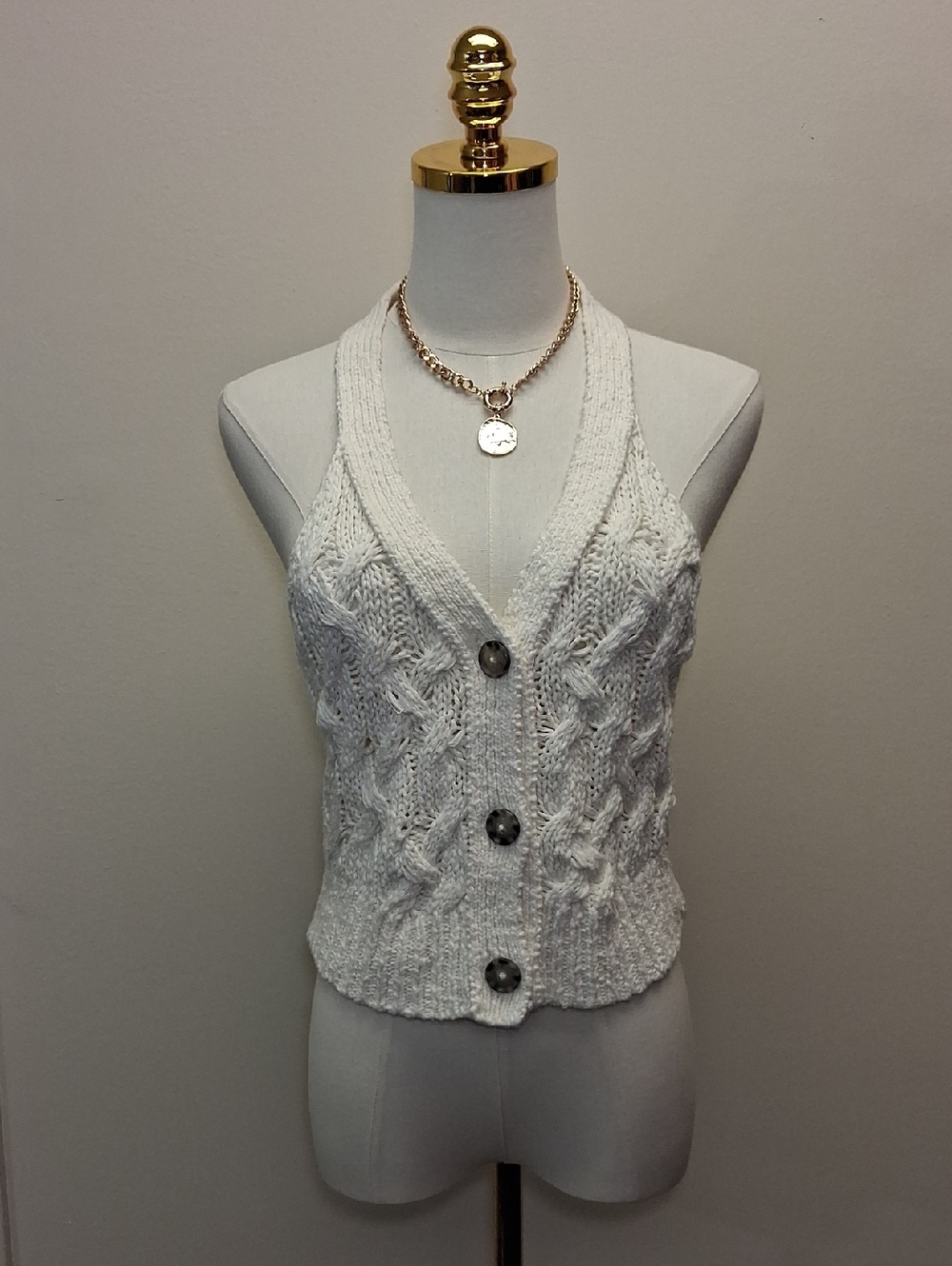 White Open Knit Button Front Sweater Vest Crochet Cottagecore Size XSP - Picture 1 of 10